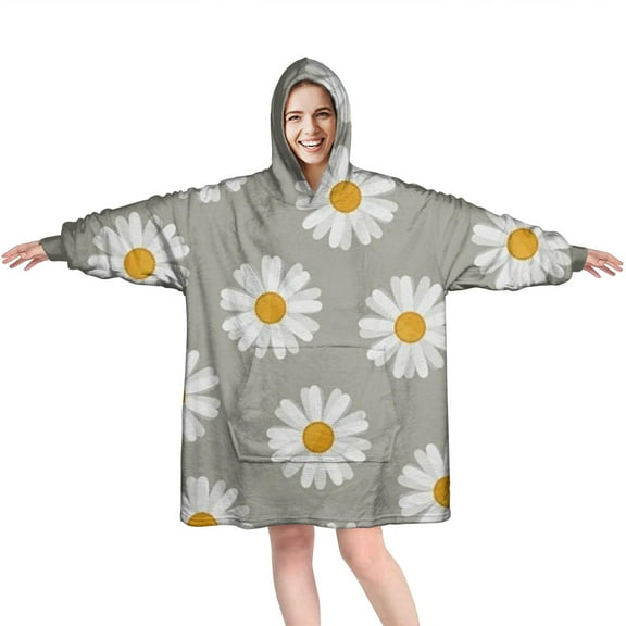 Wearable Oversized Blanket,Gray Daisy Flower White Blooms Pattern Wearable Blanket Hoodie for Adults,Cozy Hooded Blankets with Super Pockets,Super Warm Fuzzy Pullover for Women & Men