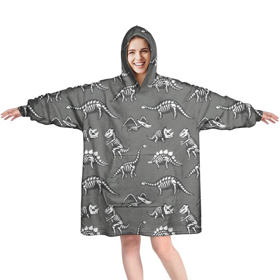 Wearable Oversized Blanket,Gray Dinosaur Skeletons Fossils Pattern Wearable Blanket Hoodie for Adults,Cozy Hooded Blankets with Super Pockets,Super Warm Fuzzy Pullover for Women & Men