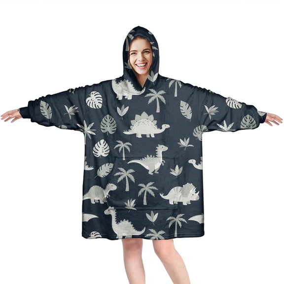 Wearable Oversized Blanket,Gray Dinosaurs Exotic Leaves Wearable Blanket Hoodie for Adults,Cozy Hooded Blankets with Super Pockets,Super Warm Fuzzy Pullover for Women & Men