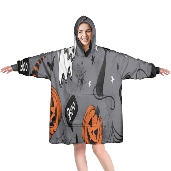 Wearable Oversized Blanket,Gray Halloween Ghosts Cats and Pumpkins Wearable Blanket Hoodie for Adults,Cozy Hooded Blankets with Super Pockets,Super Warm Fuzzy Pullover for Women & Men