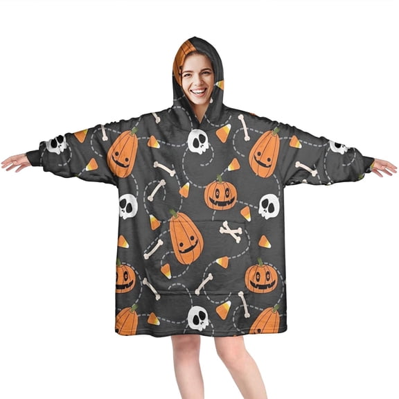 Wearable Oversized Blanket,Gray Halloween Pumpkins Skulls and Bones Wearable Blanket Hoodie for Adults,Cozy Hooded Blankets with Super Pockets,Super Warm Fuzzy Pullover for Women & Men