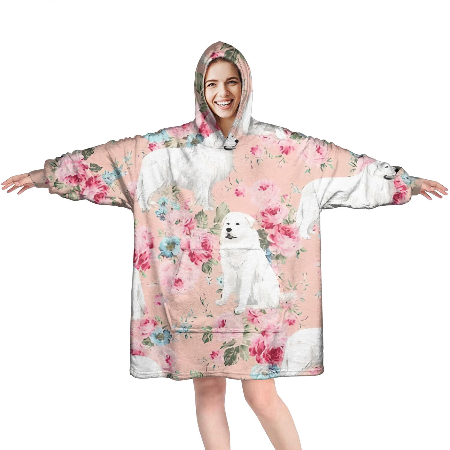 Wearable Oversized Blanket,Great Pyrenees Dog and Pioneer Flower Wearable Blanket Hoodie for Adults,Cozy Hooded Blankets with Super Pockets,Super Warm Fuzzy Pullover for Women & Men