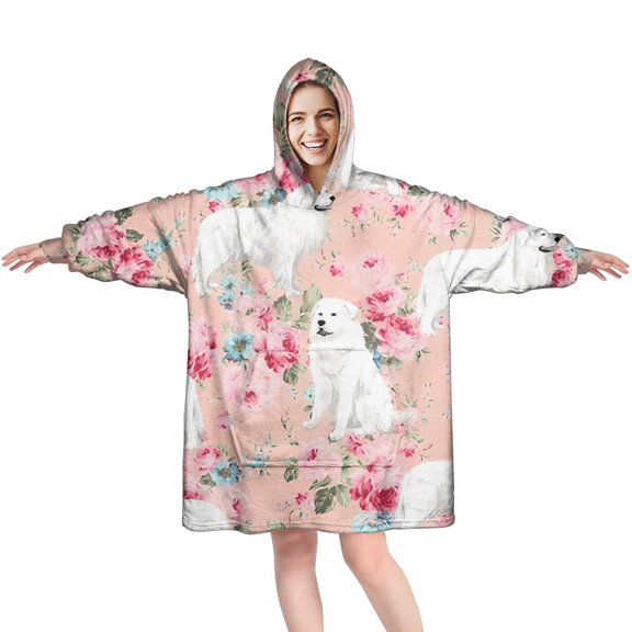 Wearable Oversized Blanket,Great Pyrenees Dog and Pioneer Flower Wearable Blanket Hoodie for Adults,Cozy Hooded Blankets with Super Pockets,Super Warm Fuzzy Pullover for Women & Men