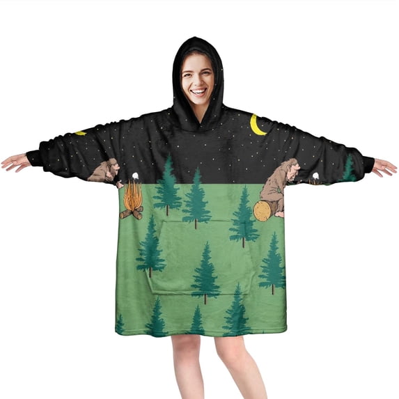 Wearable Oversized Blanket,Green Bigfoot and Campfire Pattern Wearable Blanket Hoodie for Adults,Cozy Hooded Blankets with Super Pockets,Super Warm Fuzzy Pullover for Women & Men