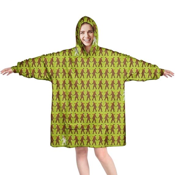 Wearable Oversized Blanket,Green Bigfoot Pattern Wearable Blanket Hoodie for Adults,Cozy Hooded Blankets with Super Pockets,Super Warm Fuzzy Pullover for Women & Men