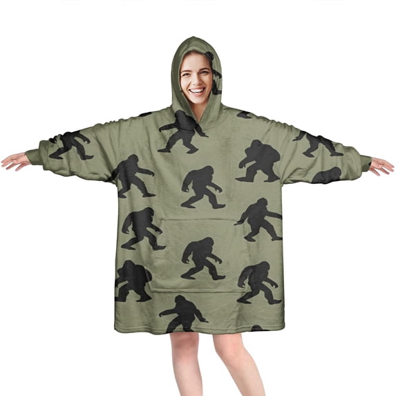 Wearable Oversized Blanket,Green Bigfoot Pattern Wearable Blanket Hoodie for Adults,Cozy Hooded Blankets with Super Pockets,Super Warm Fuzzy Pullover for Women & Men