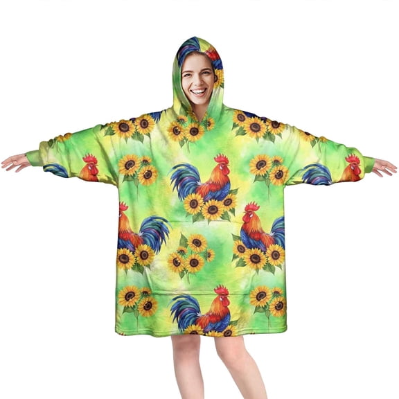 Wearable Oversized Blanket,Green Chicken Sunflower Pattern Wearable Blanket Hoodie for Adults,Cozy Hooded Blankets with Super Pockets,Super Warm Fuzzy Pullover for Women & Men