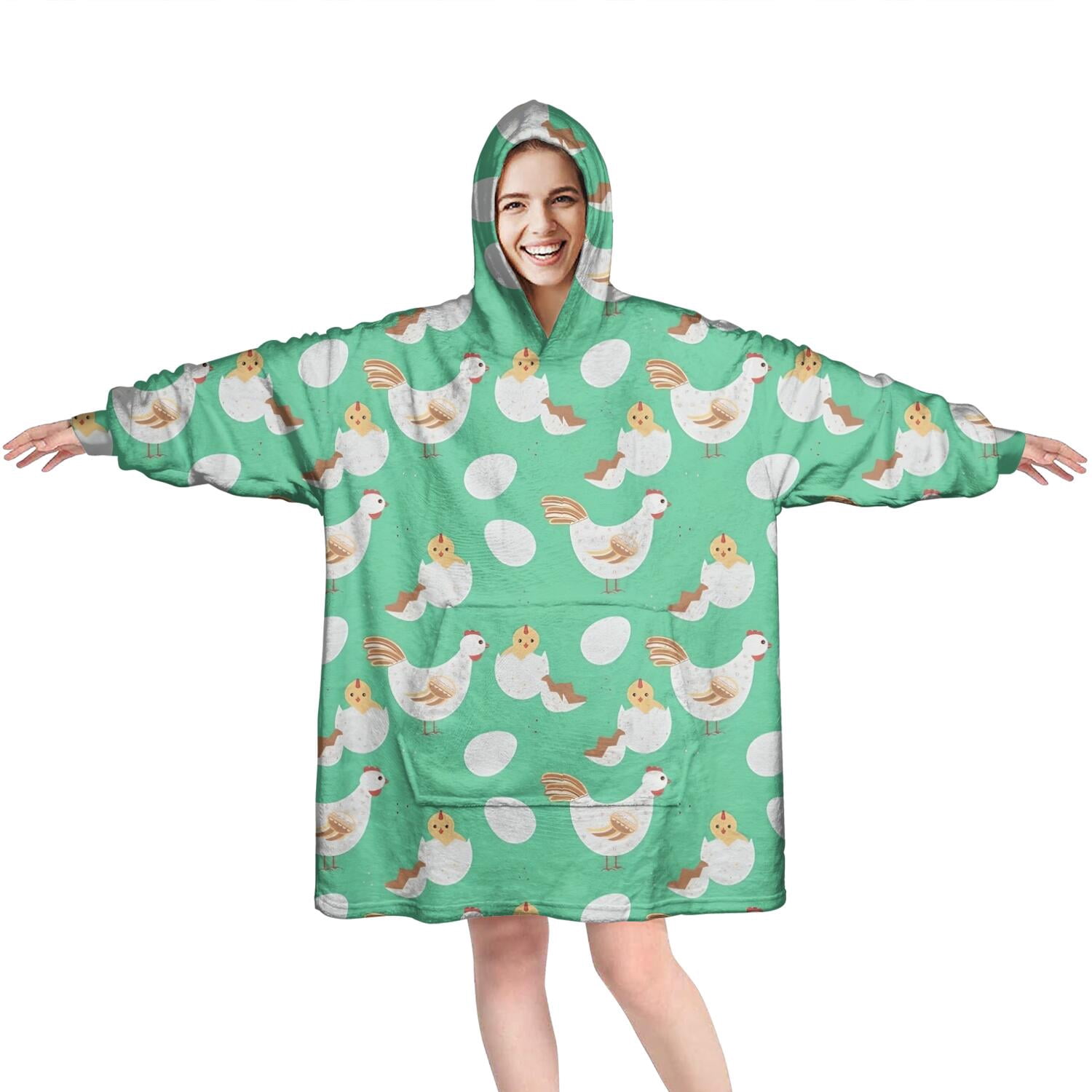 Wearable Oversized Blanket,Green Chicken White Hen Egg Pattern Wearable Blanket Hoodie for Adults,Cozy Hooded Blankets with Super Pockets,Super Warm Fuzzy Pullover for Women & Men