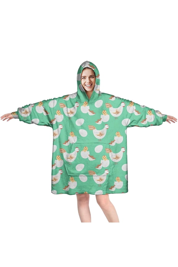 Wearable Oversized Blanket,Green Chicken White Hen Egg Pattern Wearable Blanket Hoodie for Adults,Cozy Hooded Blankets with Super Pockets,Super Warm Fuzzy Pullover for Women & Men