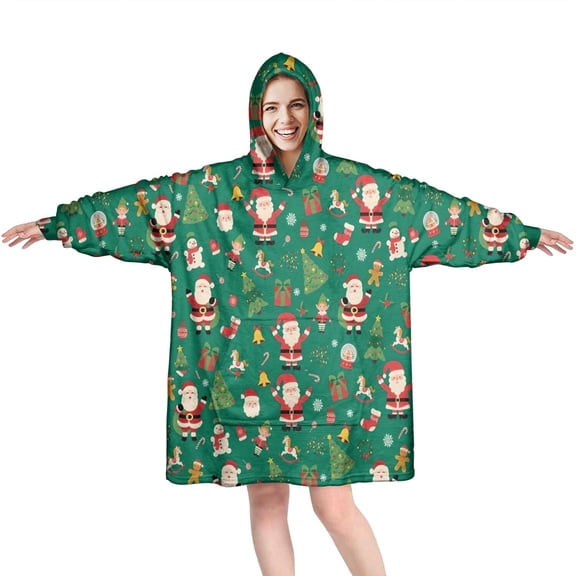Wearable Oversized Blanket,Green Christmas Santa and Icon Pattern Wearable Blanket Hoodie for Adults,Cozy Hooded Blankets with Super Pockets,Super Warm Fuzzy Pullover for Women & Men