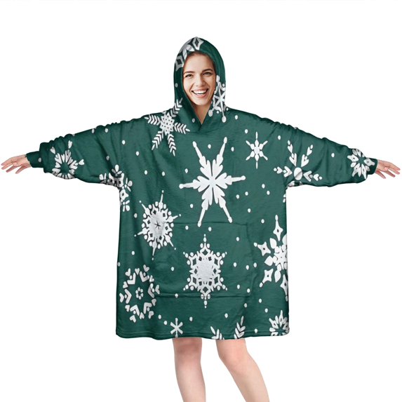 Wearable Oversized Blanket,Green Christmas Snowflake Pattern Wearable Blanket Hoodie for Adults,Cozy Hooded Blankets with Super Pockets,Super Warm Fuzzy Pullover for Women & Men