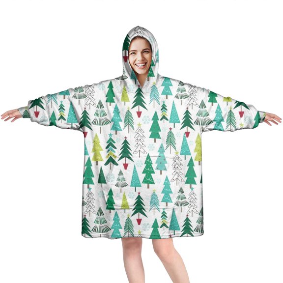 Wearable Oversized Blanket,Green Christmas Tree Pattern Wearable Blanket Hoodie for Adults,Cozy Hooded Blankets with Super Pockets,Super Warm Fuzzy Pullover for Women & Men