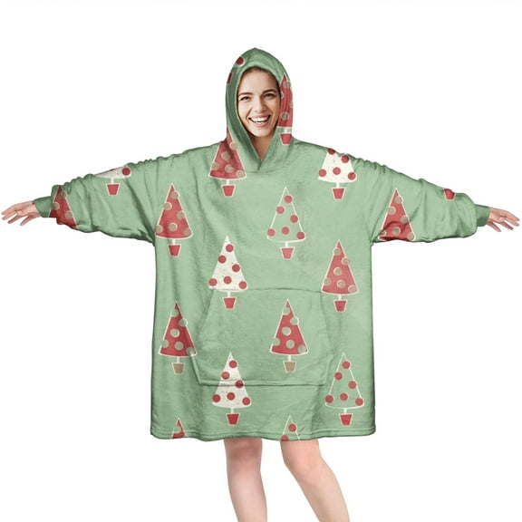 Wearable Oversized Blanket,Green Christmas Tree Pattern Wearable Blanket Hoodie for Adults,Cozy Hooded Blankets with Super Pockets,Super Warm Fuzzy Pullover for Women & Men