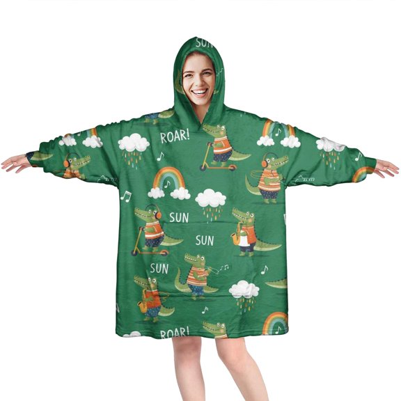 Wearable Oversized Blanket,Green Crocodile Rainbow Pattern Wearable Blanket Hoodie for Adults,Cozy Hooded Blankets with Super Pockets,Super Warm Fuzzy Pullover for Women & Men