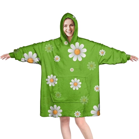 Wearable Oversized Blanket,Green Daisy Flower Orange Centers Pattern Wearable Blanket Hoodie for Adults,Cozy Hooded Blankets with Super Pockets,Super Warm Fuzzy Pullover for Women & Men