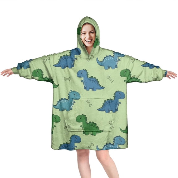 Wearable Oversized Blanket,Green Dinosaurs Bones Pattern Wearable Blanket Hoodie for Adults,Cozy Hooded Blankets with Super Pockets,Super Warm Fuzzy Pullover for Women & Men