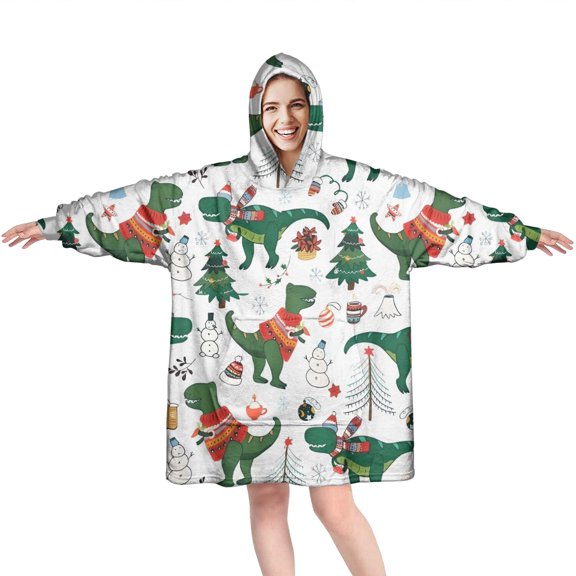 Wearable Oversized Blanket,Green Dinosaurs Christmas Pattern Wearable Blanket Hoodie for Adults,Cozy Hooded Blankets with Super Pockets,Super Warm Fuzzy Pullover for Women & Men