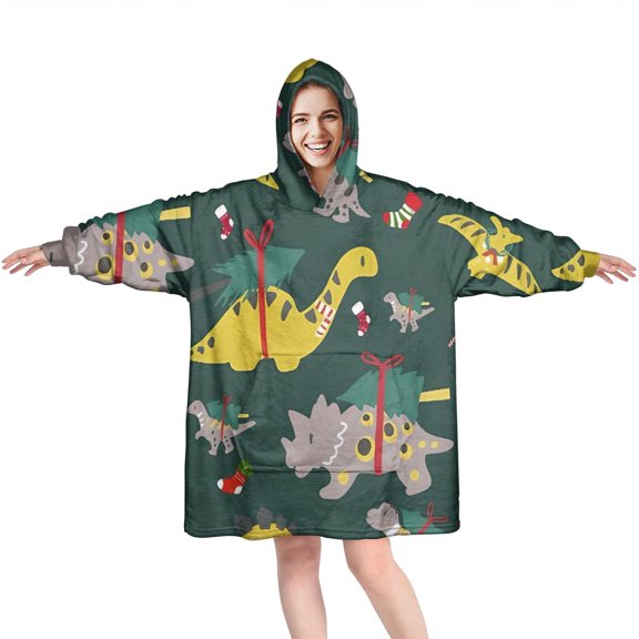 Wearable Oversized Blanket,Green Dinosaurs ChristmasTrees Socks Pattern Wearable Blanket Hoodie for Adults,Cozy Hooded Blankets with Super Pockets,Super Warm Fuzzy Pullover for Women & Men