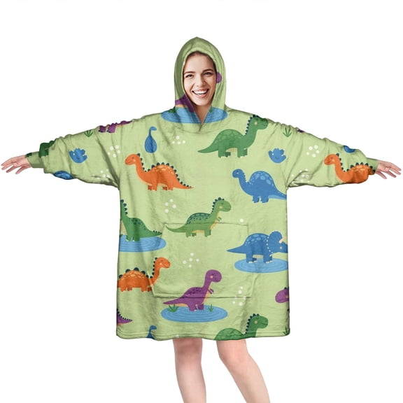 Wearable Oversized Blanket,Green Dinosaurs Ponds Pattern Wearable Blanket Hoodie for Adults,Cozy Hooded Blankets with Super Pockets,Super Warm Fuzzy Pullover for Women & Men