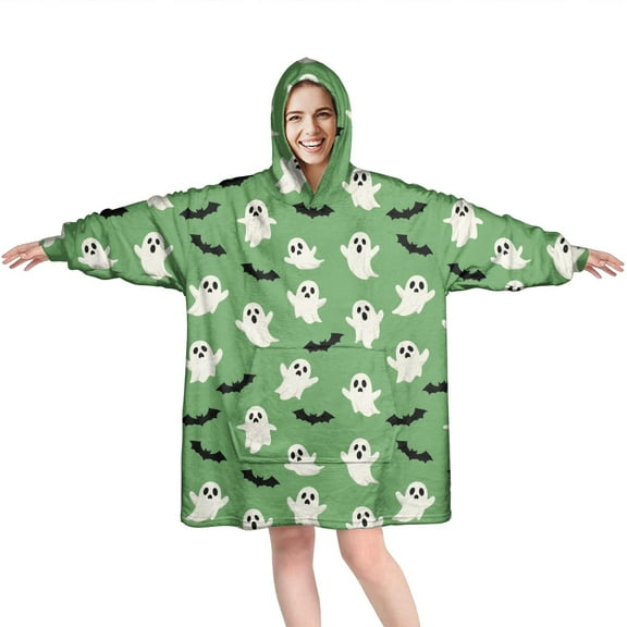Wearable Oversized Blanket,Green Ghost Bat Pattern Wearable Blanket Hoodie for Adults,Cozy Hooded Blankets with Super Pockets,Super Warm Fuzzy Pullover for Women & Men