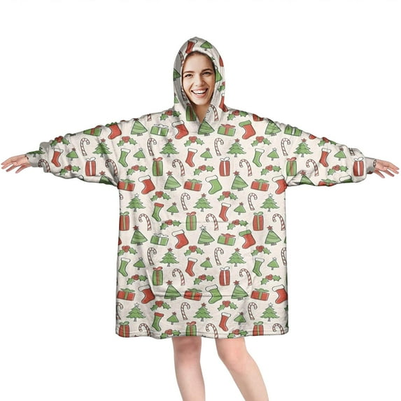 Wearable Oversized Blanket,Green and Red Christmas Pattern Wearable Blanket Hoodie for Adults,Cozy Hooded Blankets with Super Pockets,Super Warm Fuzzy Pullover for Women & Men