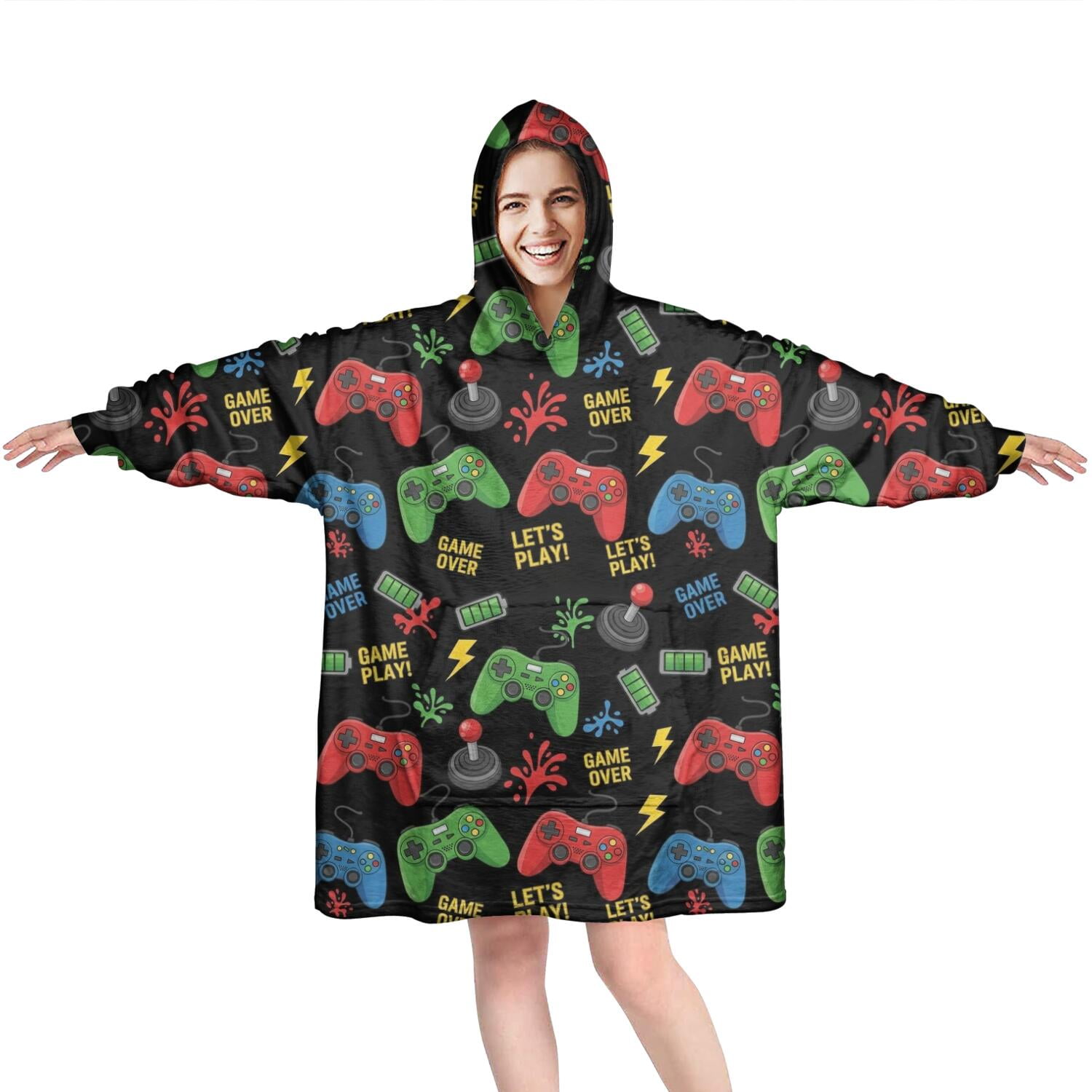 Wearable Oversized Blanket,Green Red Controllers Games Icons Black Pattern Wearable Blanket Hoodie for Adults,Cozy Hooded Blankets with Super Pockets,Super Warm Fuzzy Pullover for Women & Men