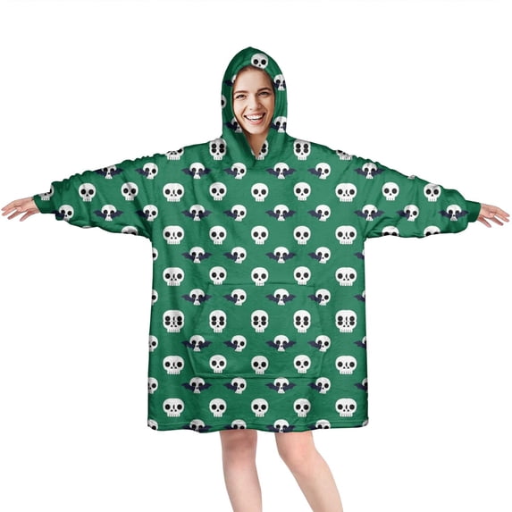 Wearable Oversized Blanket,Green Skull Bat Pattern Wearable Blanket Hoodie for Adults,Cozy Hooded Blankets with Super Pockets,Super Warm Fuzzy Pullover for Women & Men