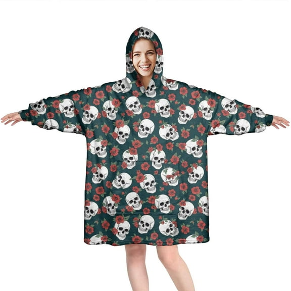 Wearable Oversized Blanket,Green Skull Rose Pattern Wearable Blanket Hoodie for Adults,Cozy Hooded Blankets with Super Pockets,Super Warm Fuzzy Pullover for Women & Men