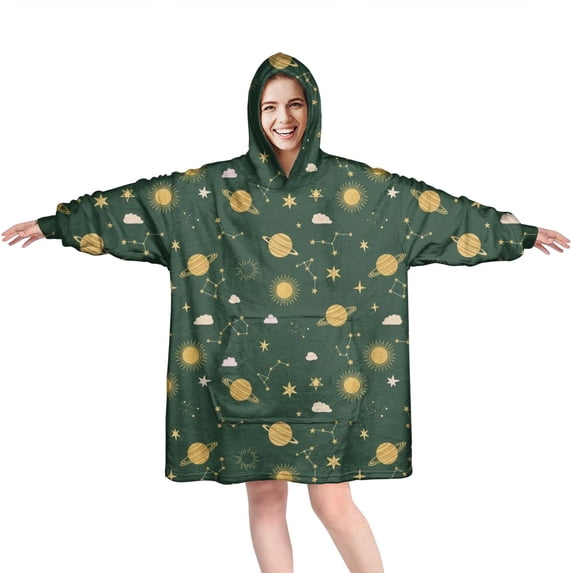 Wearable Oversized Blanket,Green Sun Moon Star Planet Cloud Pattern Wearable Blanket Hoodie for Adults,Cozy Hooded Blankets with Super Pockets,Super Warm Fuzzy Pullover for Women & Men