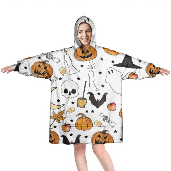 Wearable Oversized Blanket,Halloween Autumn Halloween Elements Wearable Blanket Hoodie for Adults,Cozy Hooded Blankets with Super Pockets,Super Warm Fuzzy Pullover for Women & Men