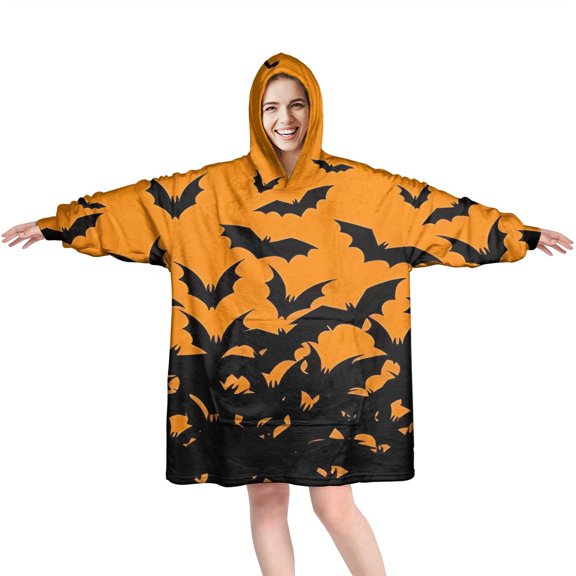 Wearable Oversized Blanket,Halloween Bat Silhouette Pattern Wearable Blanket Hoodie for Adults,Cozy Hooded Blankets with Super Pockets,Super Warm Fuzzy Pullover for Women & Men