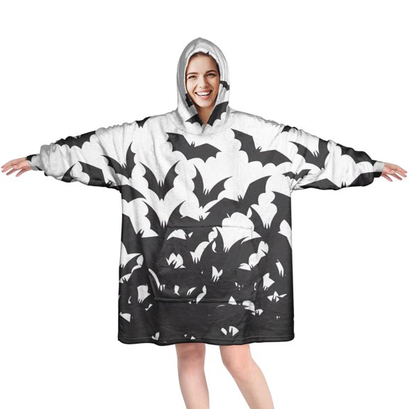 Wearable Oversized Blanket,Halloween Bat Swarm Pattern Wearable Blanket Hoodie for Adults,Cozy Hooded Blankets with Super Pockets,Super Warm Fuzzy Pullover for Women & Men