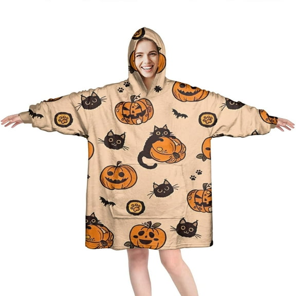 Wearable Oversized Blanket,Halloween Cat and Pumpkin Pattern Wearable Blanket Hoodie for Adults,Cozy Hooded Blankets with Super Pockets,Super Warm Fuzzy Pullover for Women & Men