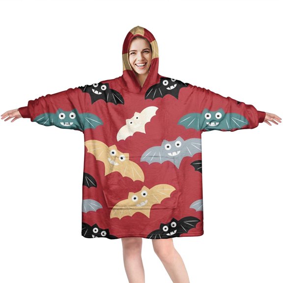 Wearable Oversized Blanket,Halloween Colorful Bats Pattern Wearable Blanket Hoodie for Adults,Cozy Hooded Blankets with Super Pockets,Super Warm Fuzzy Pullover for Women & Men
