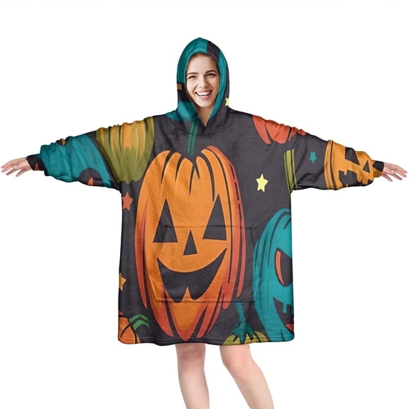 Wearable Oversized Blanket,Halloween Colorful Jack Lanterns Wearable Blanket Hoodie for Adults,Cozy Hooded Blankets with Super Pockets,Super Warm Fuzzy Pullover for Women & Men