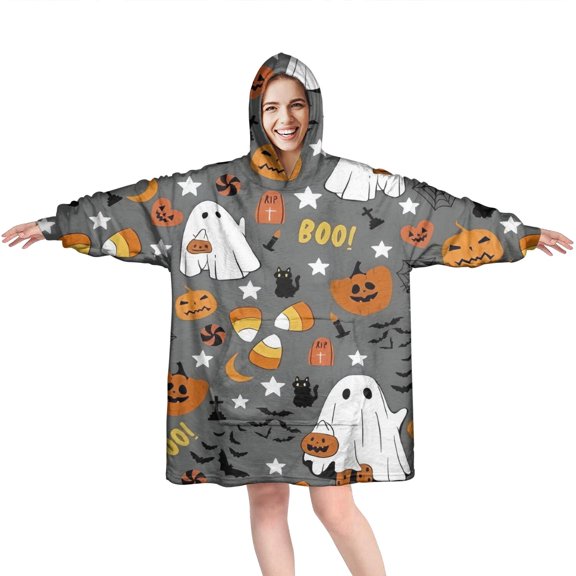 Wearable Oversized Blanket,Halloween Cute Ghosts with Boo Wearable Blanket Hoodie for Adults,Cozy Hooded Blankets with Super Pockets,Super Warm Fuzzy Pullover for Women & Men