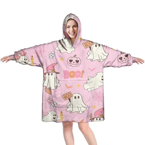 Wearable Oversized Blanket,Halloween Cute Ghosts with Boo Wearable Blanket Hoodie for Adults,Cozy Hooded Blankets with Super Pockets,Super Warm Fuzzy Pullover for Women & Men