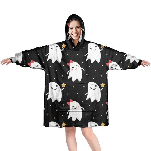 Wearable Oversized Blanket,Halloween Cute Ghosts Pattern Wearable Blanket Hoodie for Adults,Cozy Hooded Blankets with Super Pockets,Super Warm Fuzzy Pullover for Women & Men