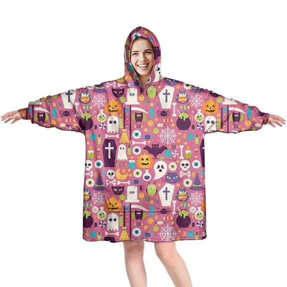 Wearable Oversized Blanket,Halloween Cute Icons on Pink Pattern Wearable Blanket Hoodie for Adults,Cozy Hooded Blankets with Super Pockets,Super Warm Fuzzy Pullover for Women & Men