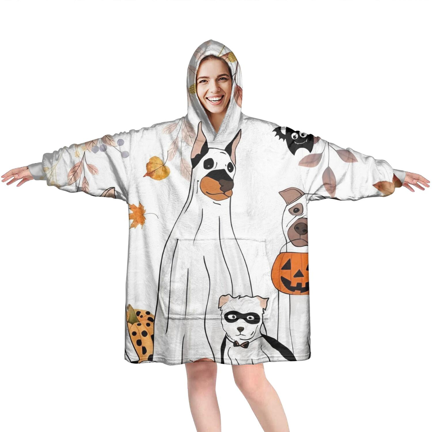 Wearable Oversized Blanket,Halloween Dogs in Ghost Costumes Wearable Blanket Hoodie for Adults,Cozy Hooded Blankets with Super Pockets,Super Warm Fuzzy Pullover for Women & Men
