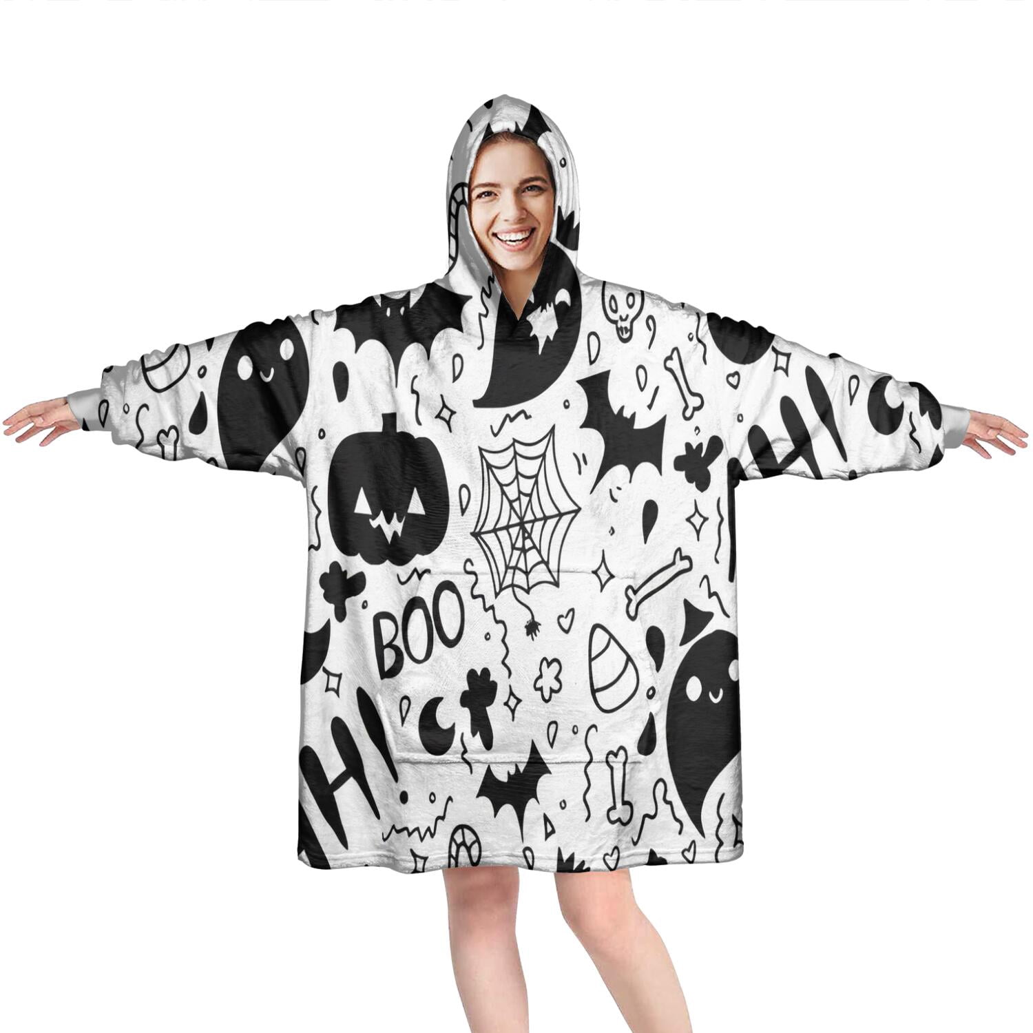 Wearable Oversized Blanket,Halloween Doodle Elements Wearable Blanket Hoodie for Adults,Cozy Hooded Blankets with Super Pockets,Super Warm Fuzzy Pullover for Women & Men