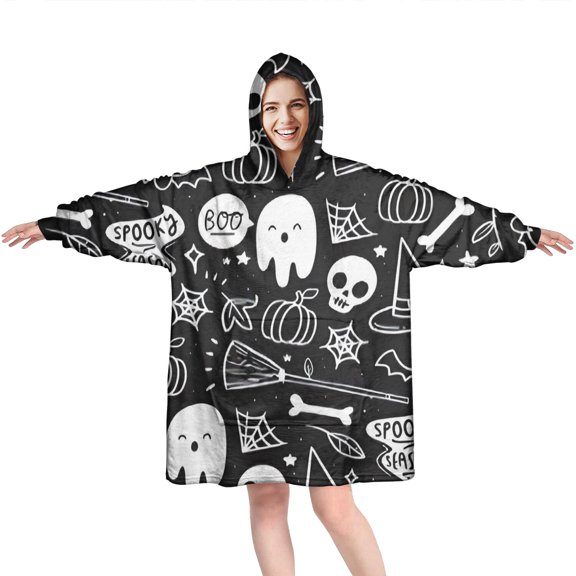Wearable Oversized Blanket,Halloween Doodle Elements Wearable Blanket Hoodie for Adults,Cozy Hooded Blankets with Super Pockets,Super Warm Fuzzy Pullover for Women & Men