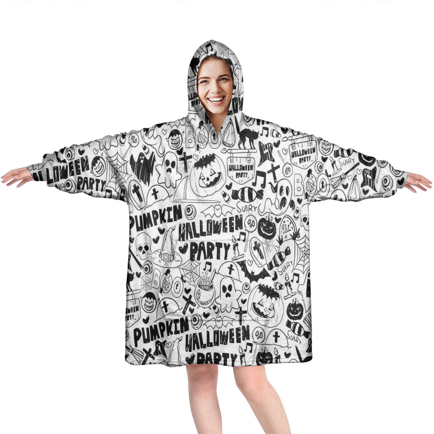 Wearable Oversized Blanket,Halloween Doodle Halloween Elements Wearable Blanket Hoodie for Adults,Cozy Hooded Blankets with Super Pockets,Super Warm Fuzzy Pullover for Women & Men