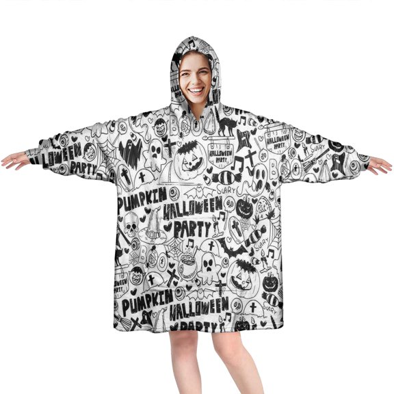 Wearable Oversized Blanket,Halloween Doodle Pattern Wearable Blanket Hoodie for Adults,Cozy Hooded Blankets with Super Pockets,Super Warm Fuzzy Pullover for Women & Men