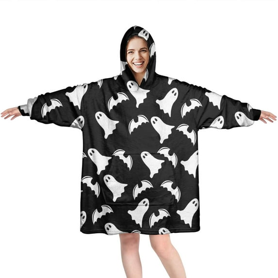 Wearable Oversized Blanket,Halloween Ghost and Bat Silhouette Pattern Wearable Blanket Hoodie for Adults,Cozy Hooded Blankets with Super Pockets,Super Warm Fuzzy Pullover for Women & Men