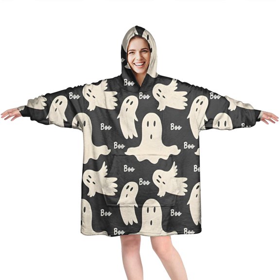 Wearable Oversized Blanket,Halloween Ghost Boo Pattern Wearable Blanket Hoodie for Adults,Cozy Hooded Blankets with Super Pockets,Super Warm Fuzzy Pullover for Women & Men