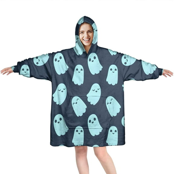 Wearable Oversized Blanket,Halloween Ghost Pattern Wearable Blanket Hoodie for Adults,Cozy Hooded Blankets with Super Pockets,Super Warm Fuzzy Pullover for Women & Men