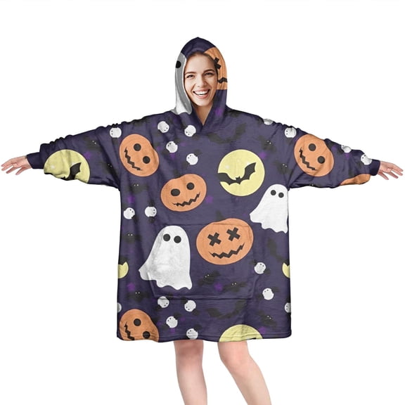 Wearable Oversized Blanket,Halloween Ghost & Pumpkin Pattern Wearable Blanket Hoodie for Adults,Cozy Hooded Blankets with Super Pockets,Super Warm Fuzzy Pullover for Women & Men