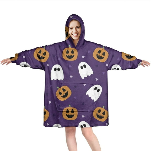 Wearable Oversized Blanket,Halloween Ghost Pumpkin Pattern Wearable Blanket Hoodie for Adults,Cozy Hooded Blankets with Super Pockets,Super Warm Fuzzy Pullover for Women & Men