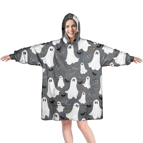 Wearable Oversized Blanket,Halloween Ghosts Bats and Eyes Wearable Blanket Hoodie for Adults,Cozy Hooded Blankets with Super Pockets,Super Warm Fuzzy Pullover for Women & Men